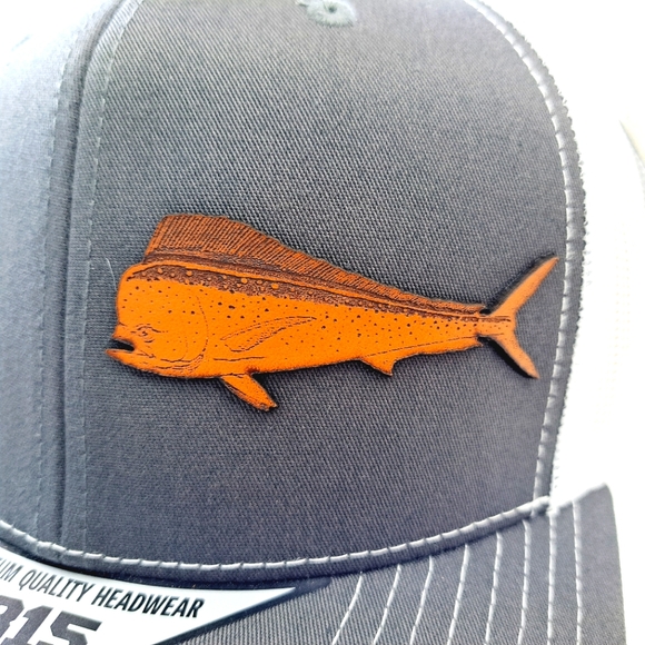 Mahi Dorado Fishing Leather Patch Trucker Mesh Snapback Black - Picture 3 of 5